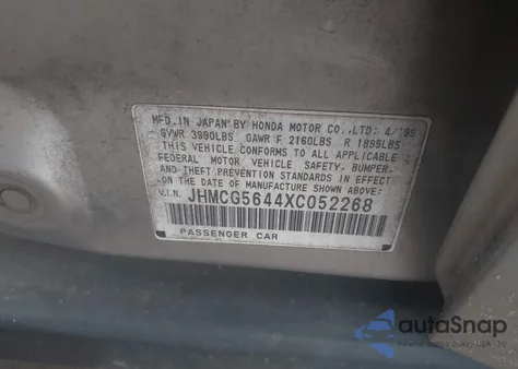 1999 Honda Accord Lx z USA, uszkodzony, nr VIN JHMCG5644XC052268